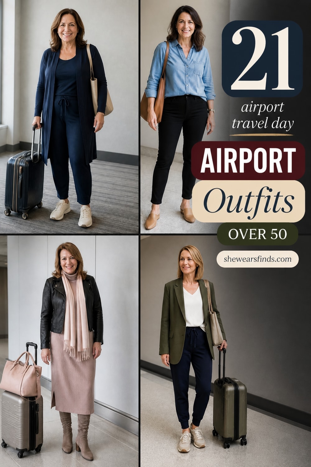 Collage of 21 airport outfit ideas for women over 50 featuring joggers, blazers, knit dresses, and comfortable shoes in neutral color palettes