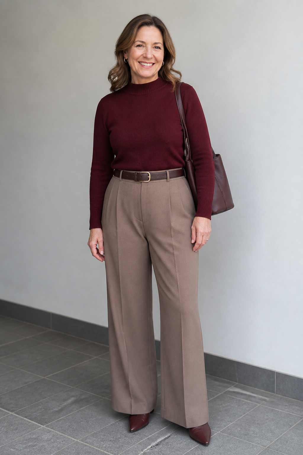 Taupe Trousers and Tucked Knit
