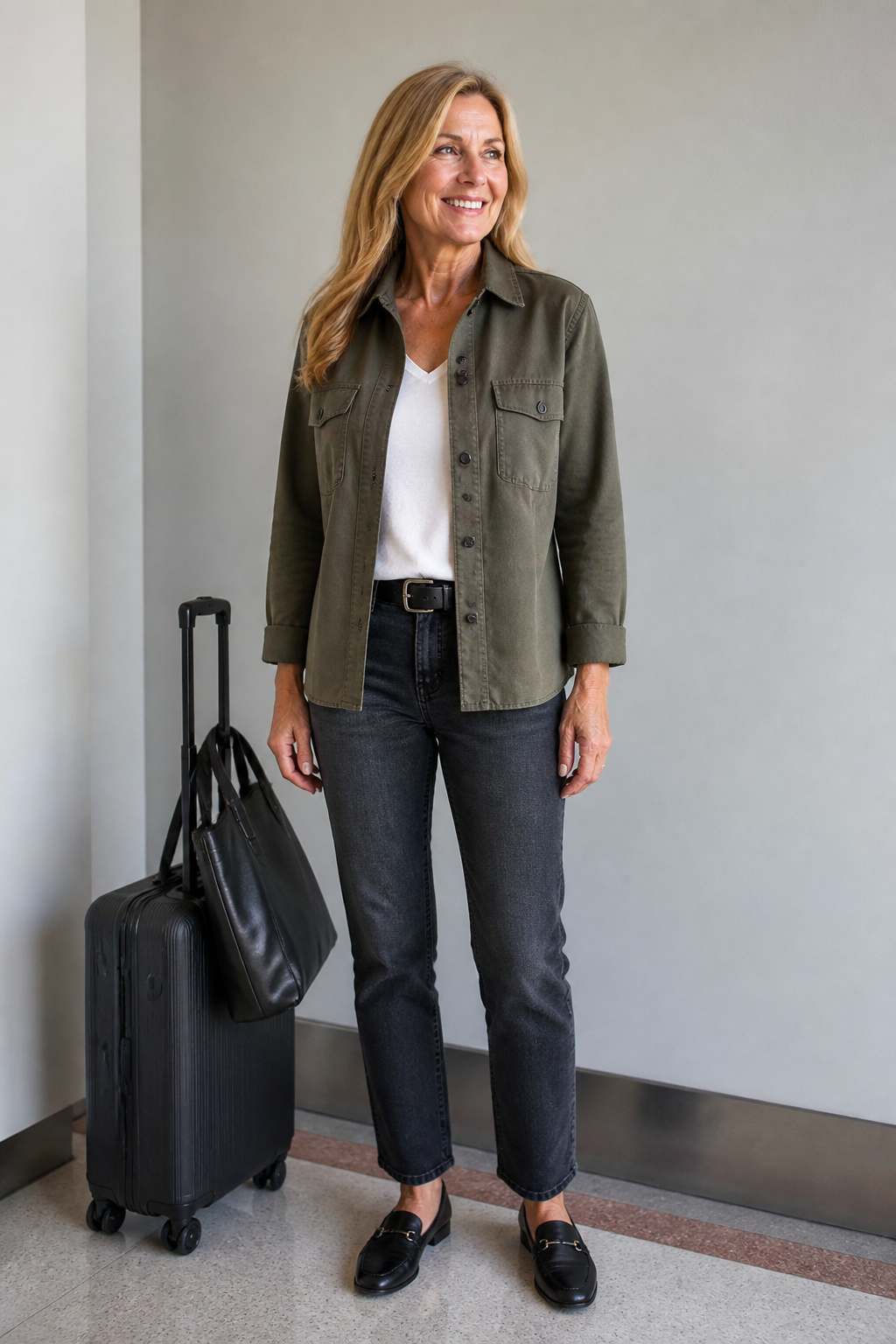 Olive Shacket and Straight Jeans