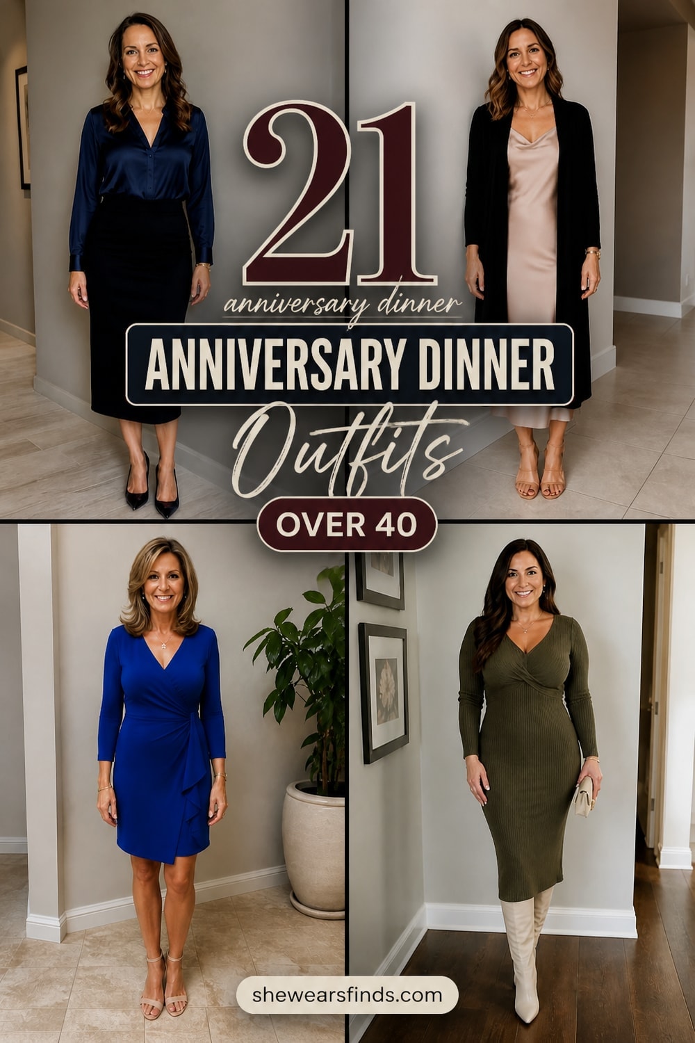 Collage of 21 anniversary dinner outfits including wrap dresses, silk blouses, jumpsuits, and tailored separates for women over 40.