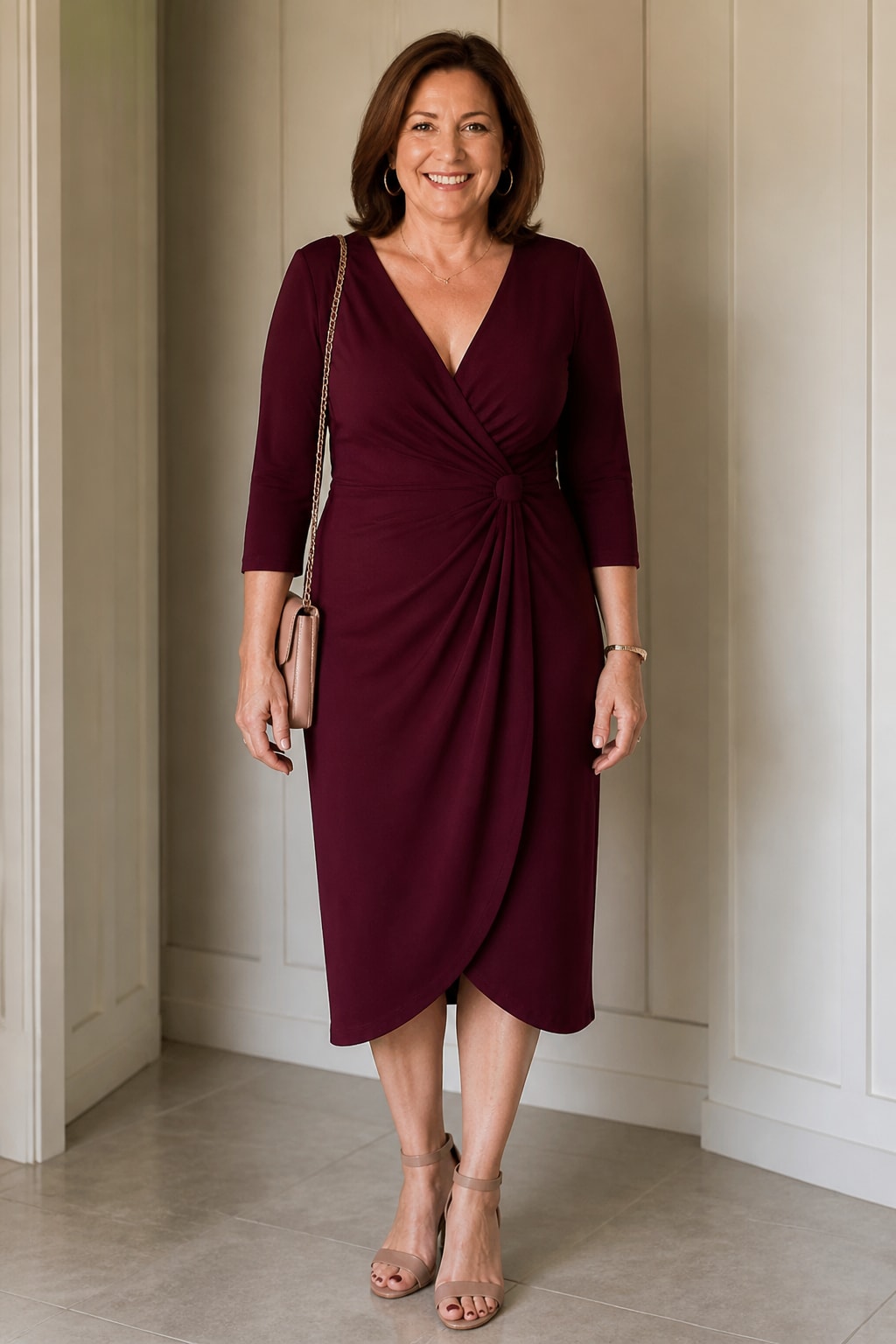 Burgundy Wrap Midi with Three-Quarter Sleeves