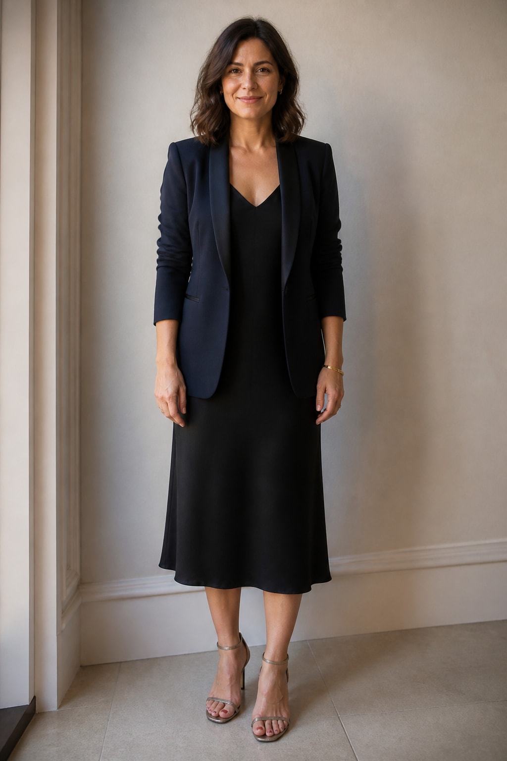 Navy Tuxedo Jacket Over Black Midi