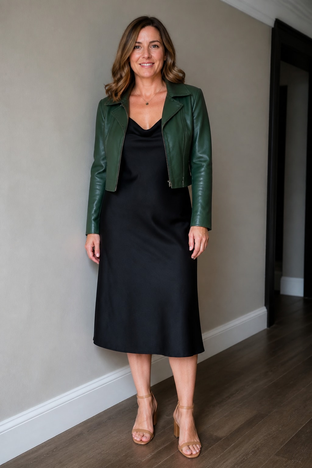 Black Slip Midi and Cropped Leather Jacket