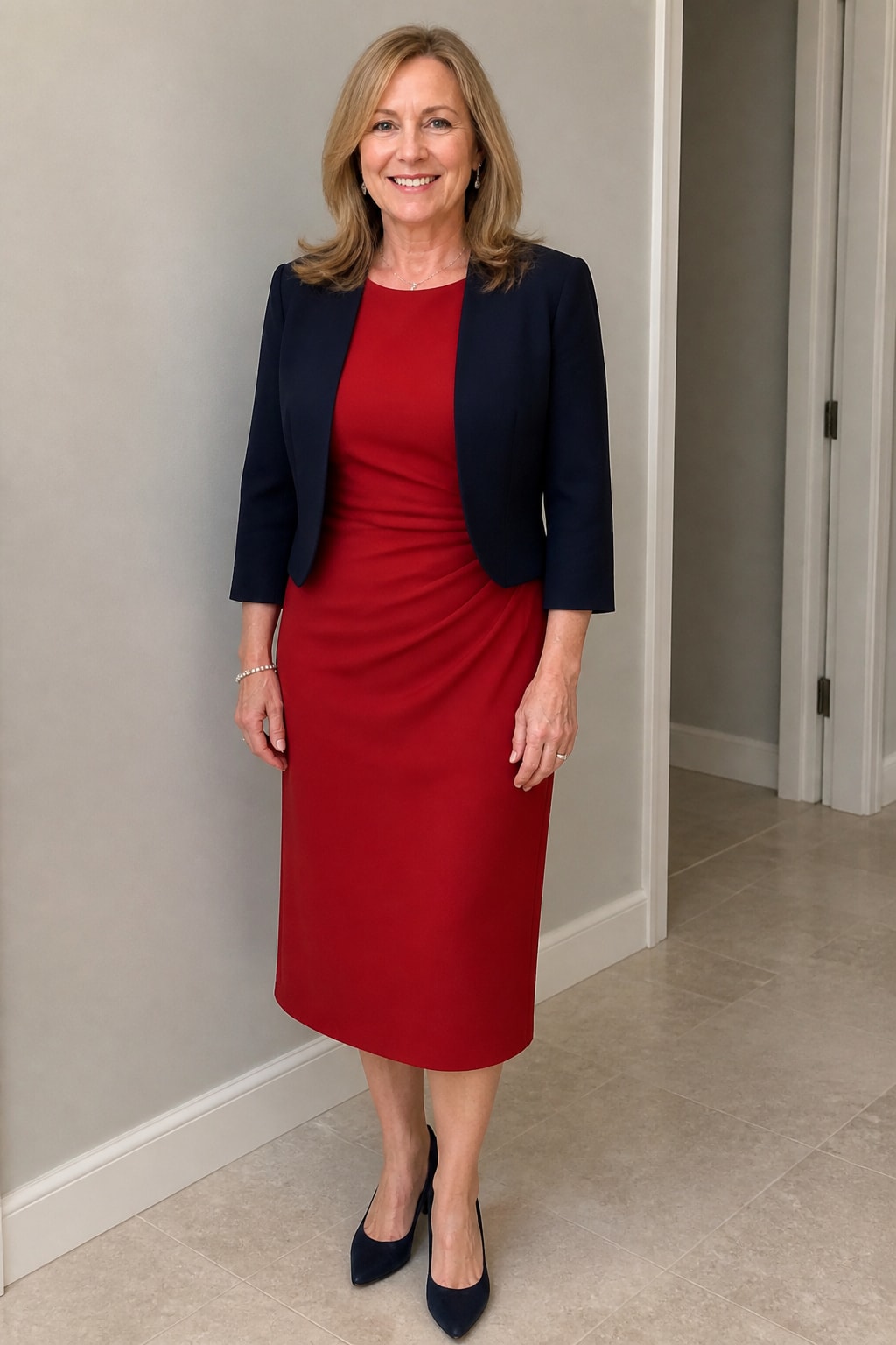 Red Midi with Modest Neckline and Pumps