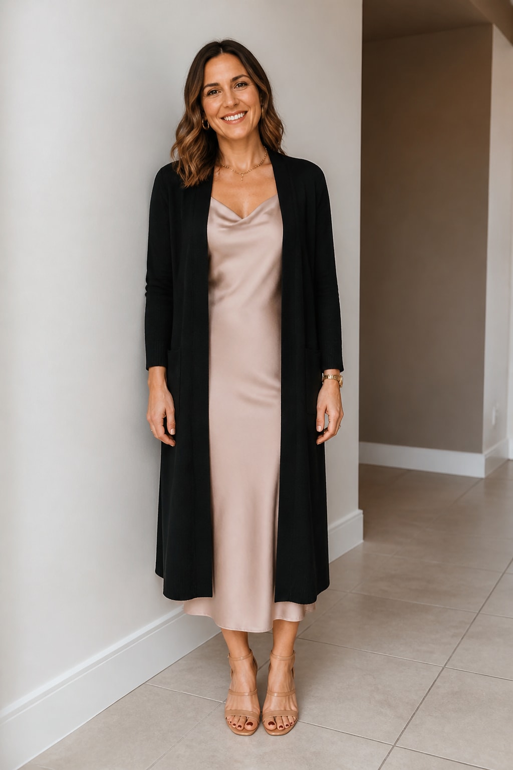 Blush Slip Dress Under Long Cardigan