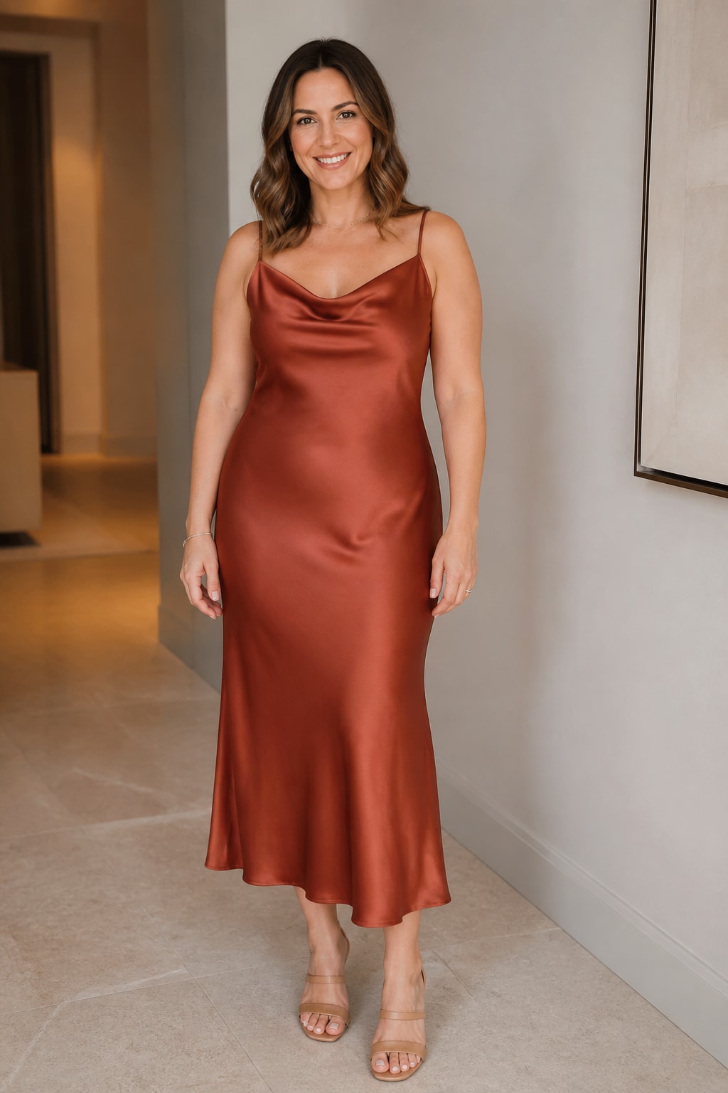 Rust Satin Midi and Simple Sandals