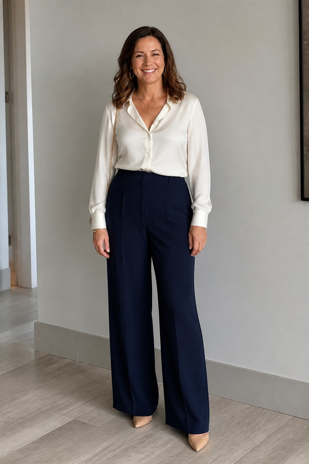 White Silk Shirt and Dark Wide-Leg Trousers