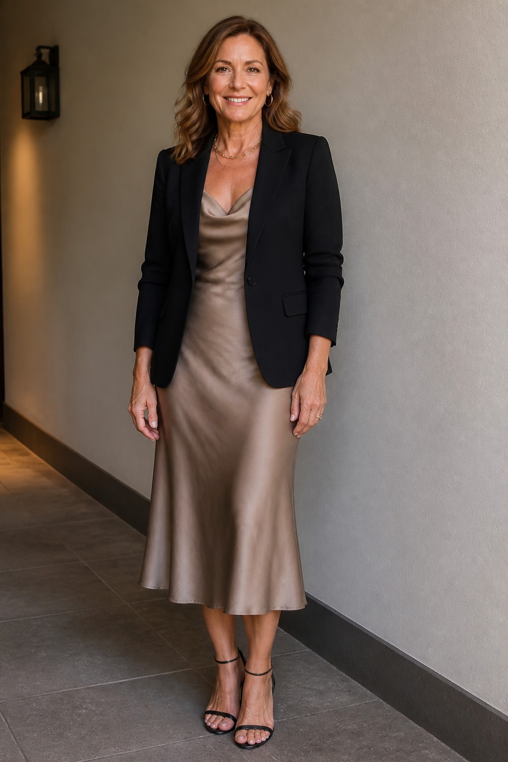 Taupe Satin Midi and Tailored Blazer