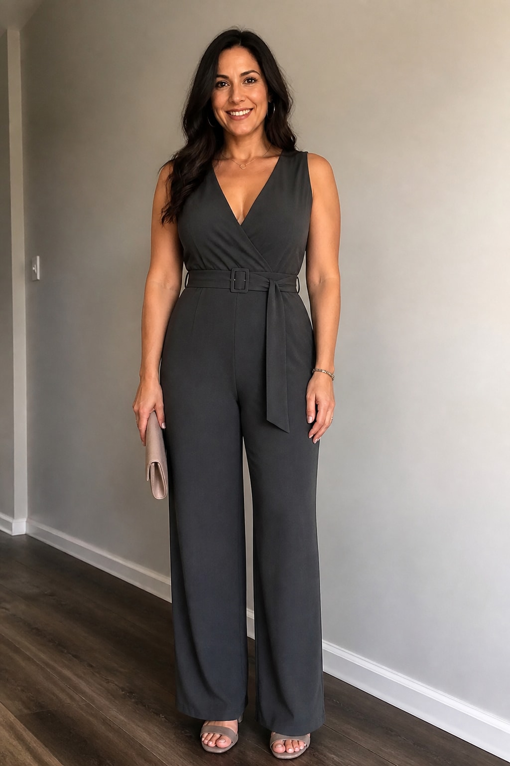 Charcoal Wide-Leg Jumpsuit with Belt