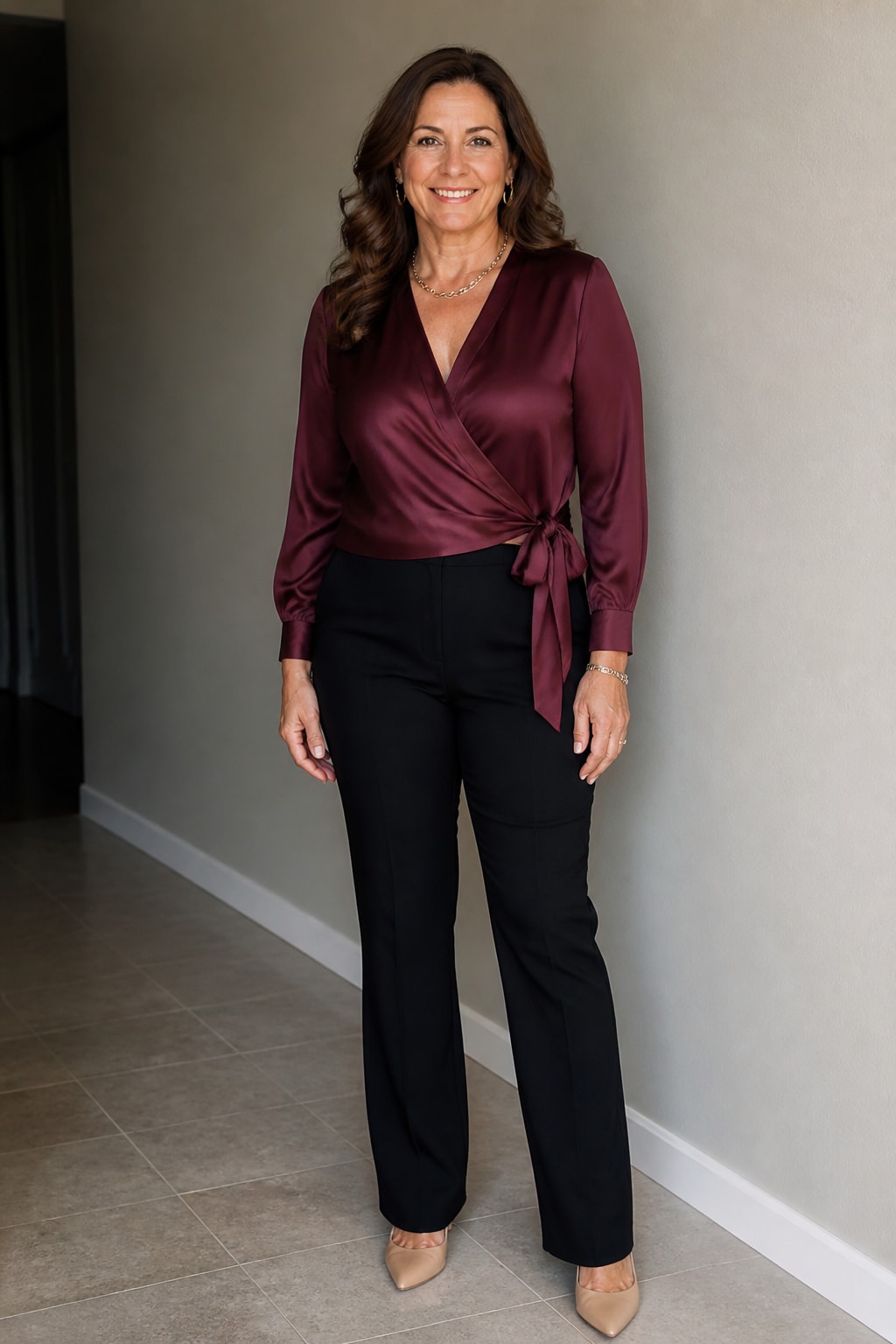 Black Trousers and Silk Wrap Blouse