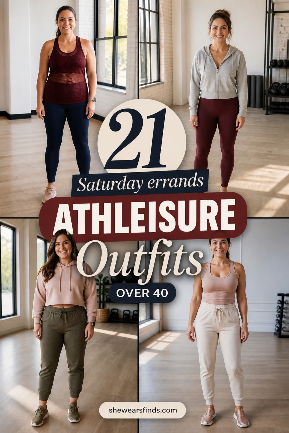 A collage of 21 athleisure outfit combinations featuring leggings, joggers, hoodies, and sneakers for women over 40 running Saturday errands.