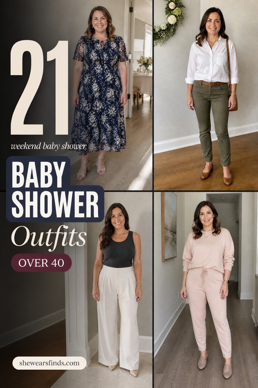 A collage of 21 baby shower outfit ideas for women over 40 including floral midi dresses, tailored separates, and polished casual looks.