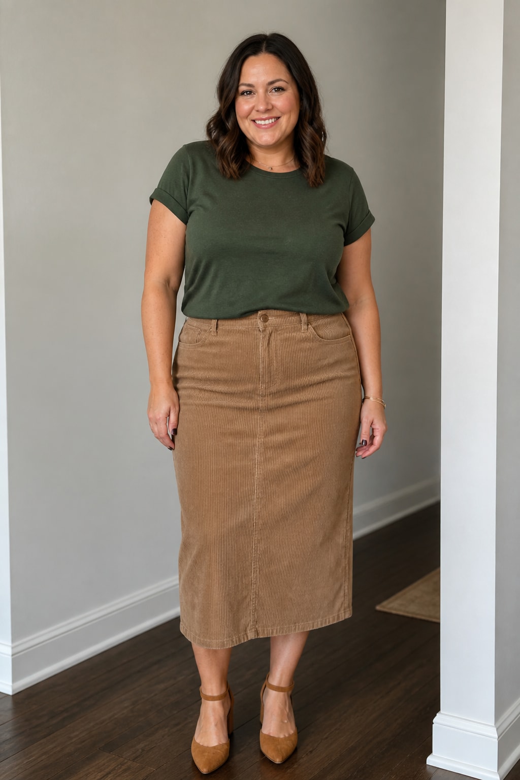 Cord Midi Skirt and Tucked Tee