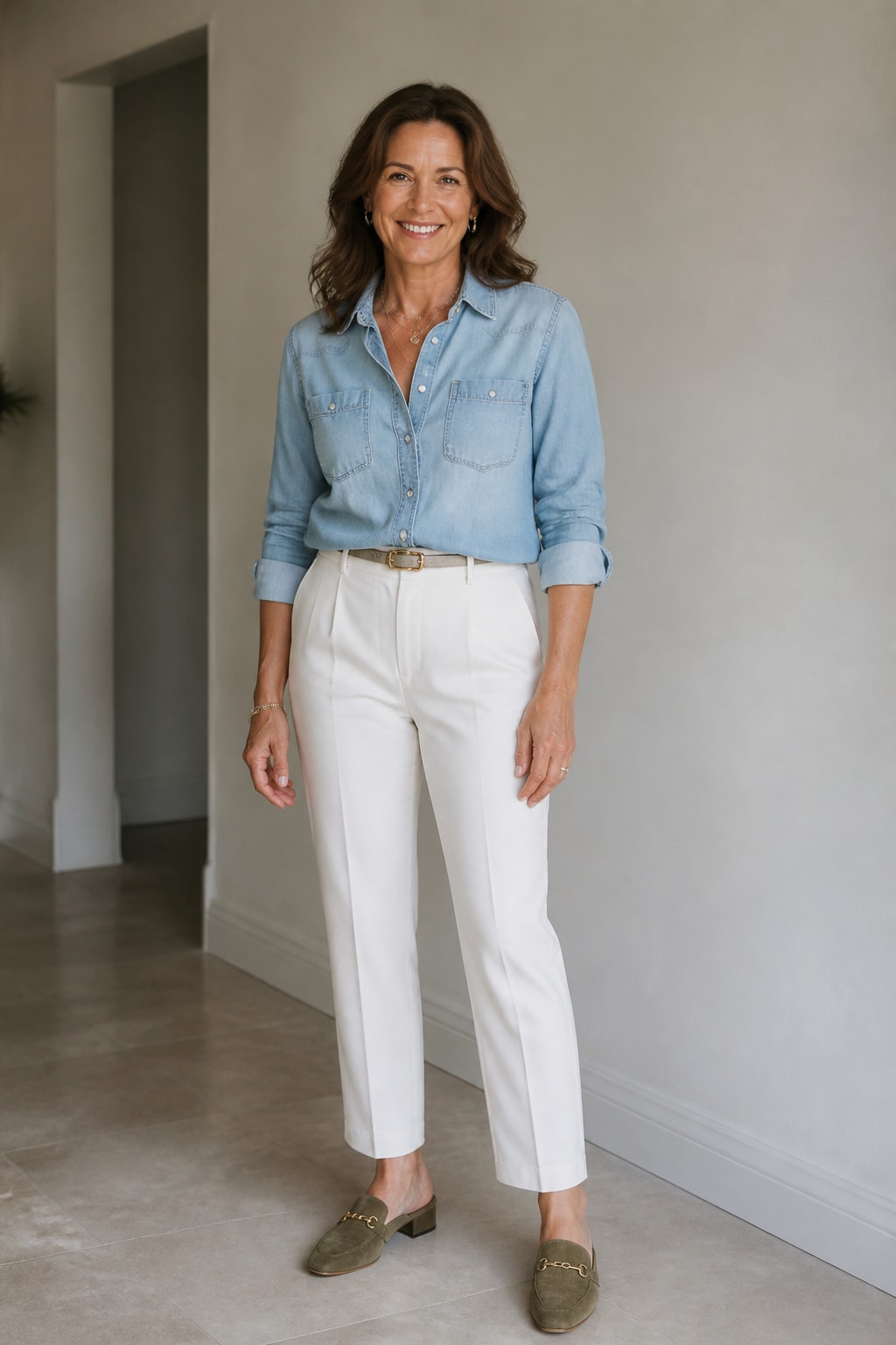 Chambray Shirt and White Trousers