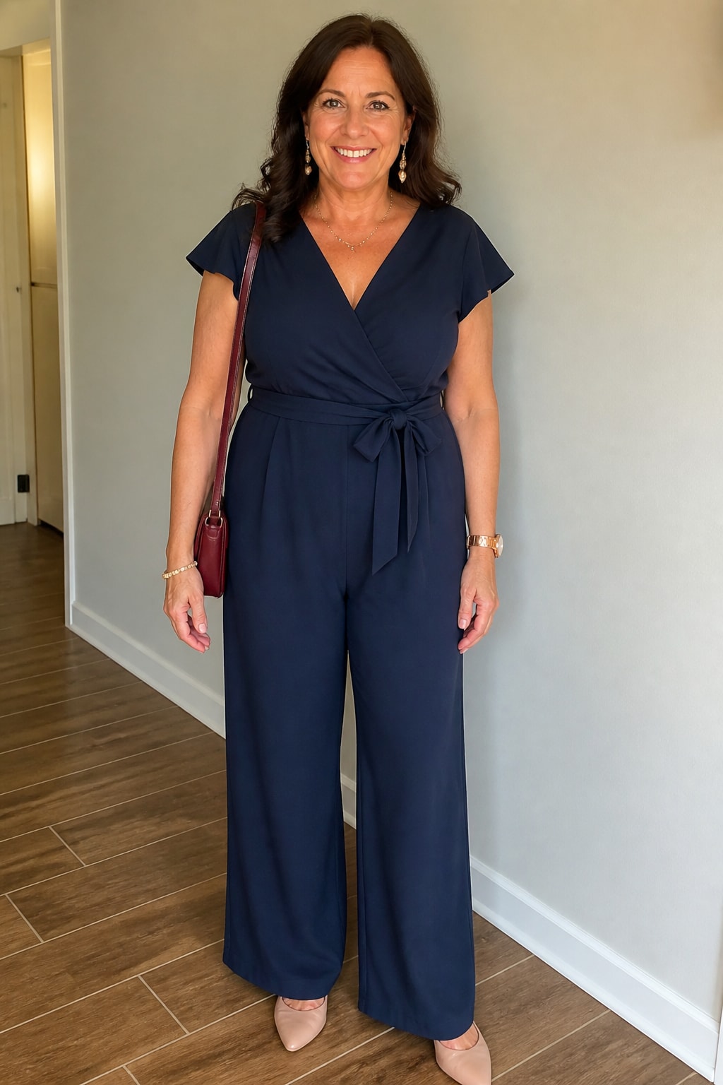 Navy Jumpsuit with Belt and Sneakers