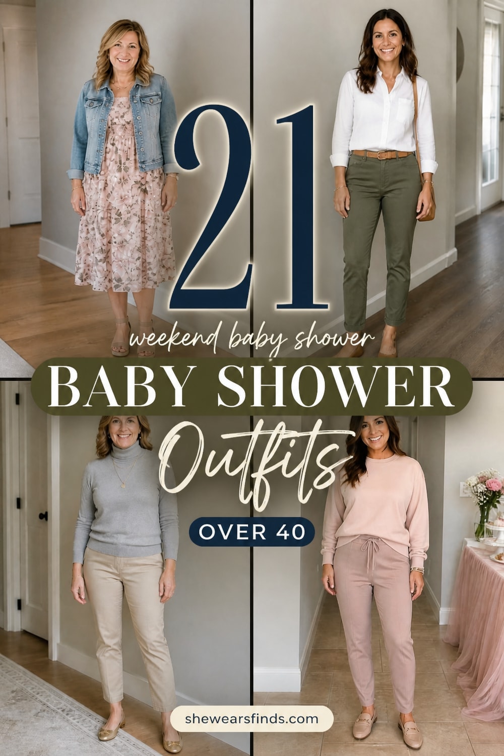 Collage of 21 baby shower outfit ideas for women over 40 including floral midi dresses, tailored trousers, jumpsuits, and polished casual separates.