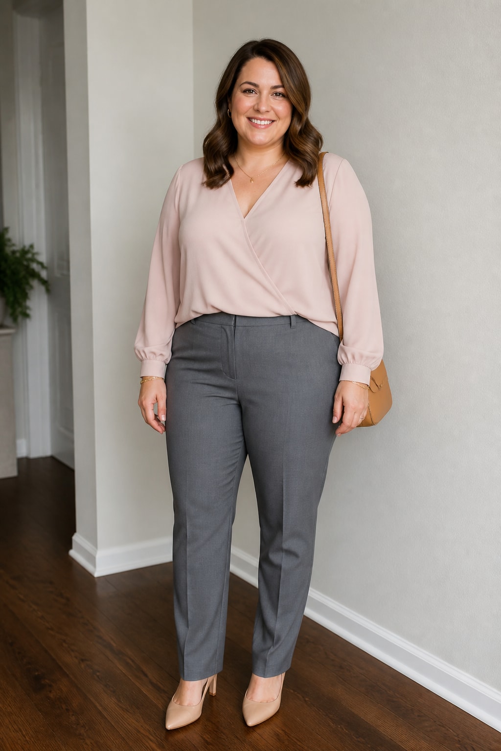 Grey Trousers and Blush Blouse