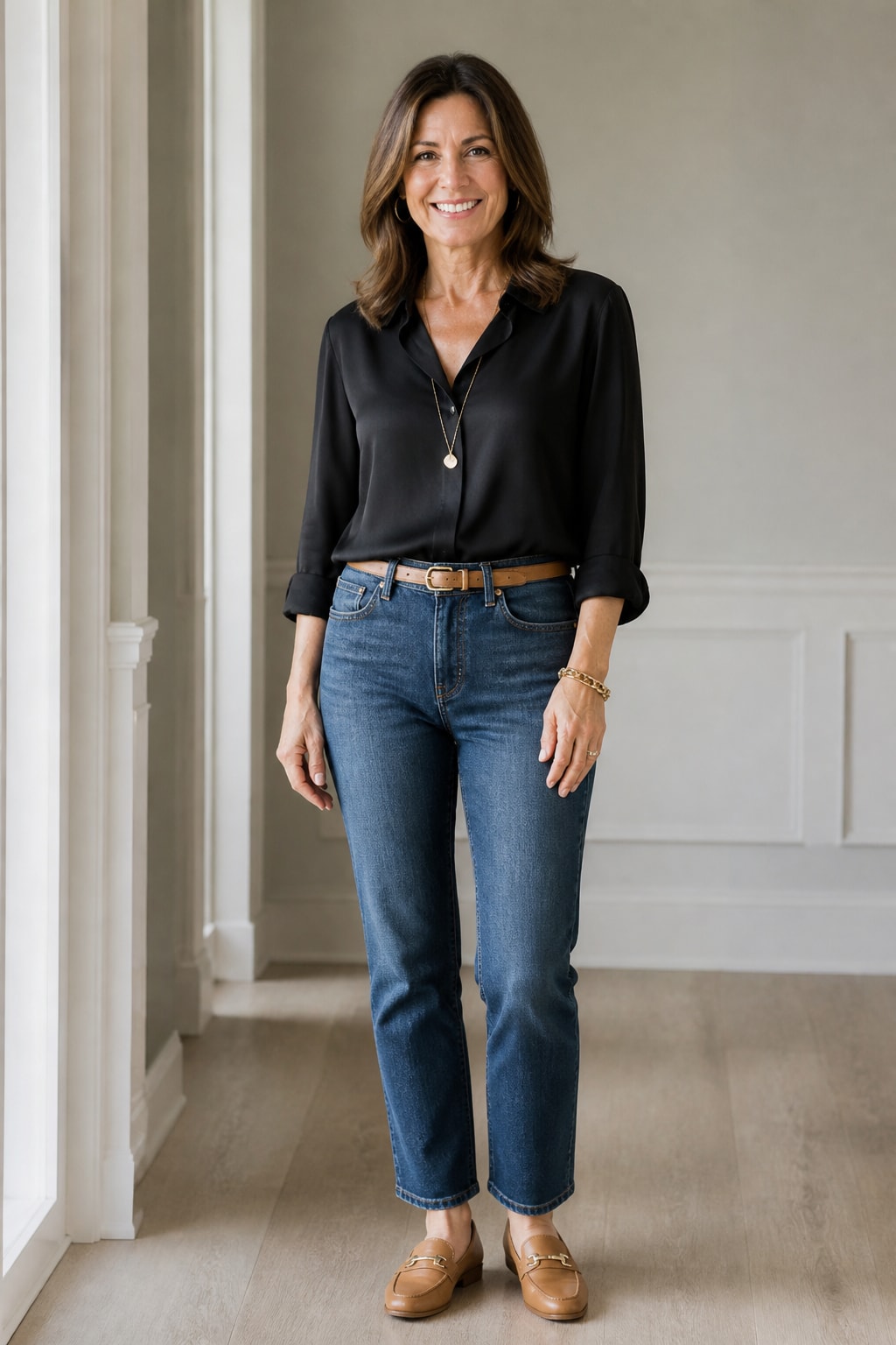 Straight Jeans and Silk Blouse