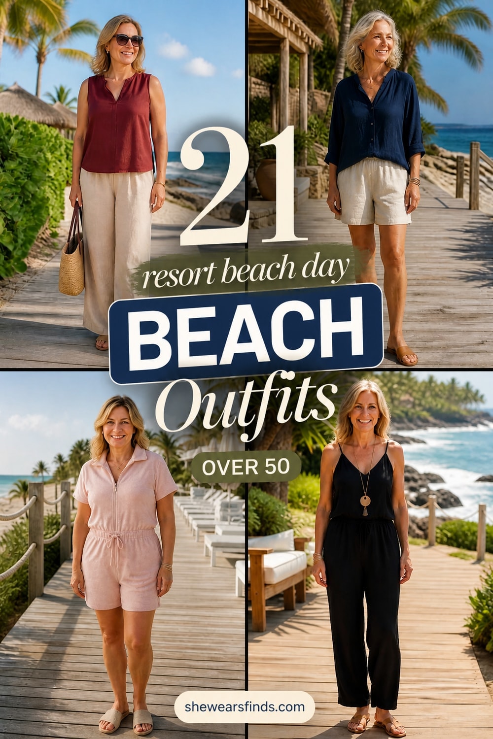 Collage of 21 beach and resort outfits including linen dresses, wide-leg pants, midi skirts, and breezy cover-ups in neutral and coastal colors.