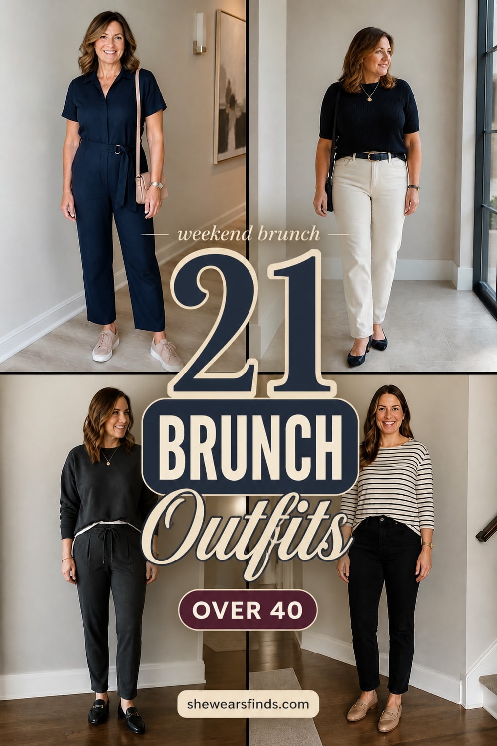 Collage of 21 brunch outfits for women over 40 featuring midi skirts, tailored trousers, silk blouses, and casual chic weekend style.