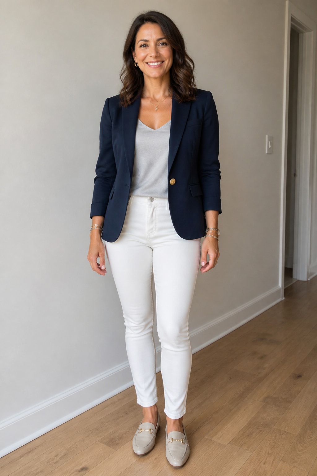 White Jeans and Navy Blazer