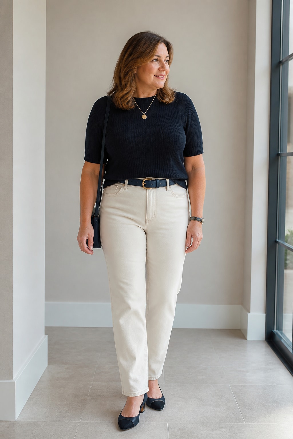 Ecru Jeans and Black Knit