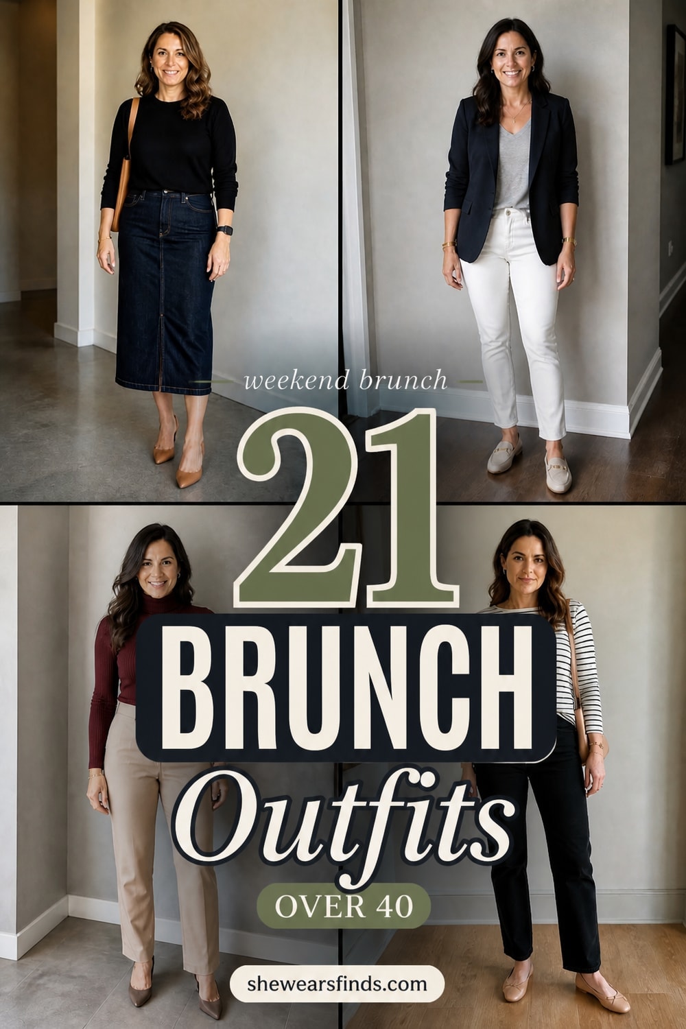 Collage of 21 brunch outfits for women over 40 featuring silk blouses, midi skirts, jumpsuits, trousers, and casual dresses in neutral tones.
