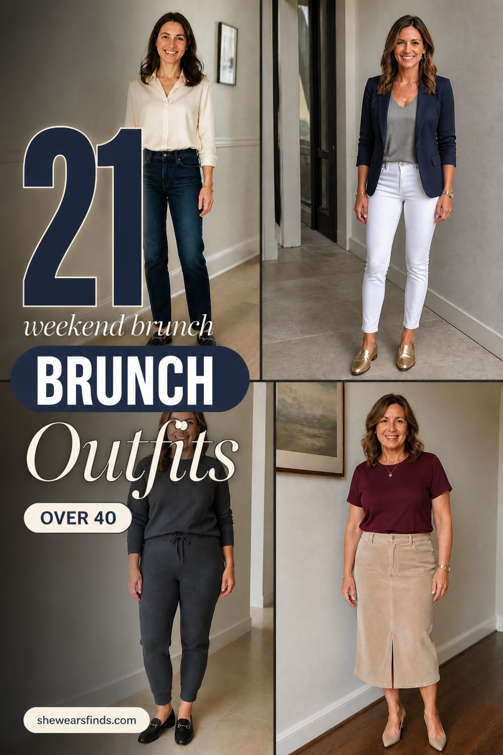 A collage of 21 polished brunch outfits for women over 40 featuring jeans, midi skirts, jumpsuits, and casual dresses.