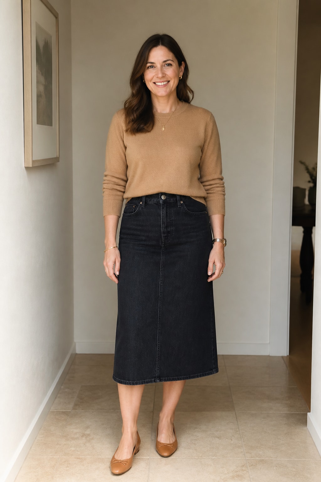 Denim Midi Skirt and Cashmere Crew