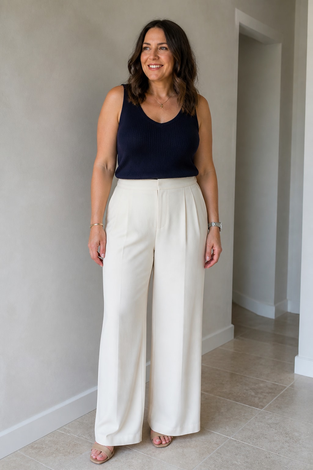 Cream Wide-Leg Trousers and Knit Tank