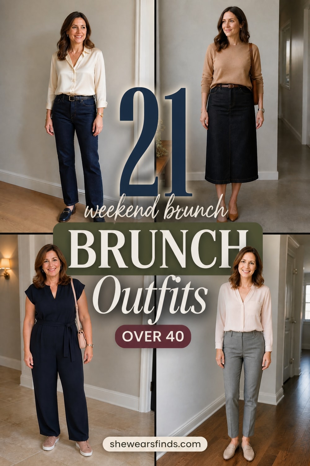 Collage of 21 brunch outfit ideas for women over 40 featuring jeans, midi skirts, trousers, and dresses in classic neutral tones.