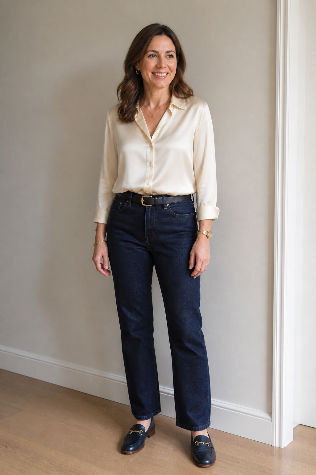Silk Blouse and Loafers