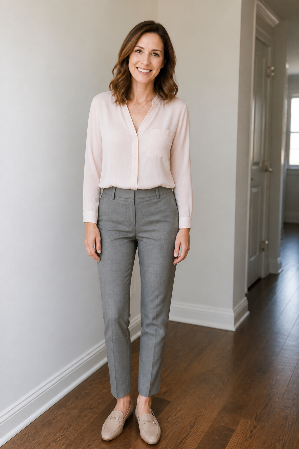 Trousers and Blush Blouse