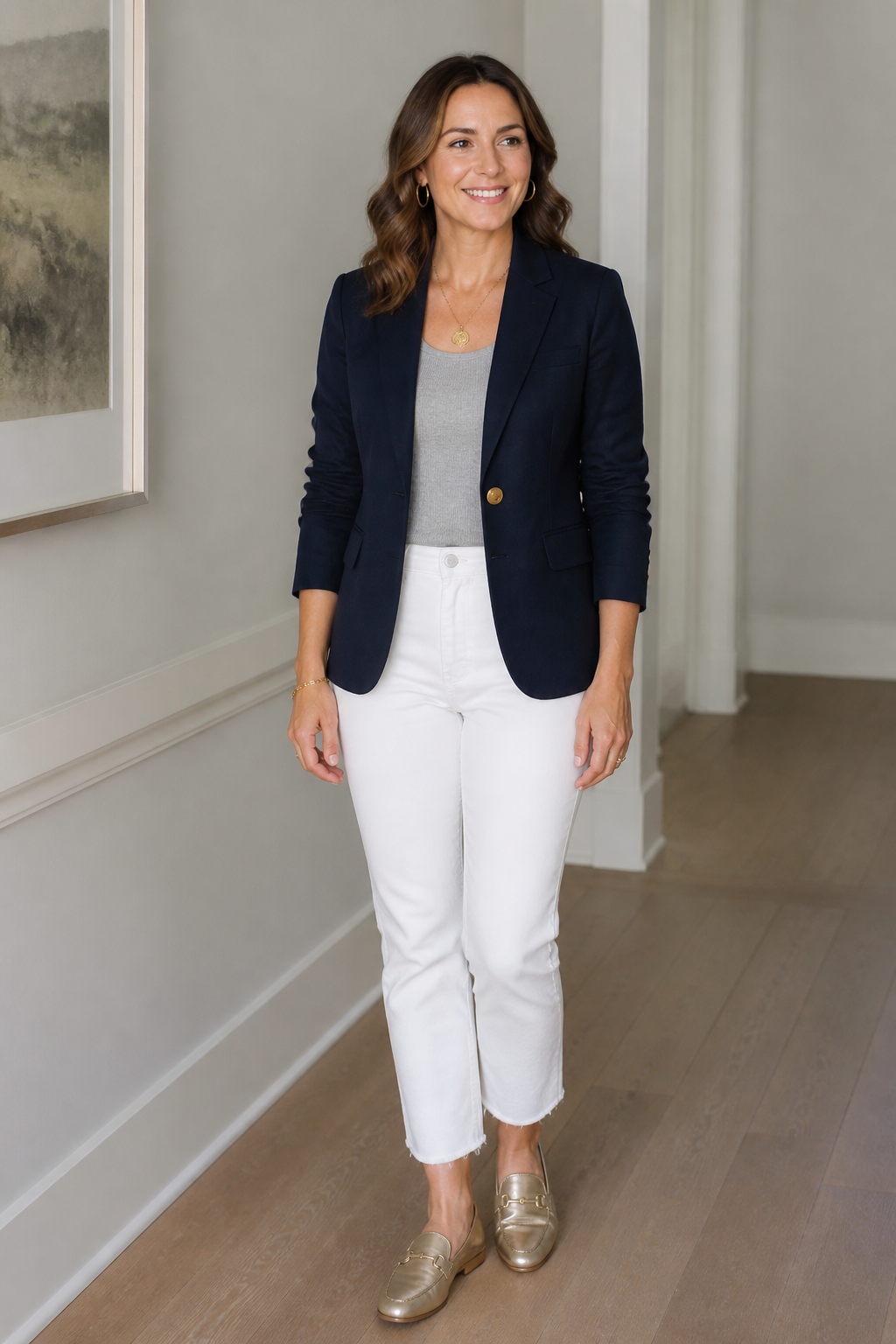 White Jeans and Navy Blazer