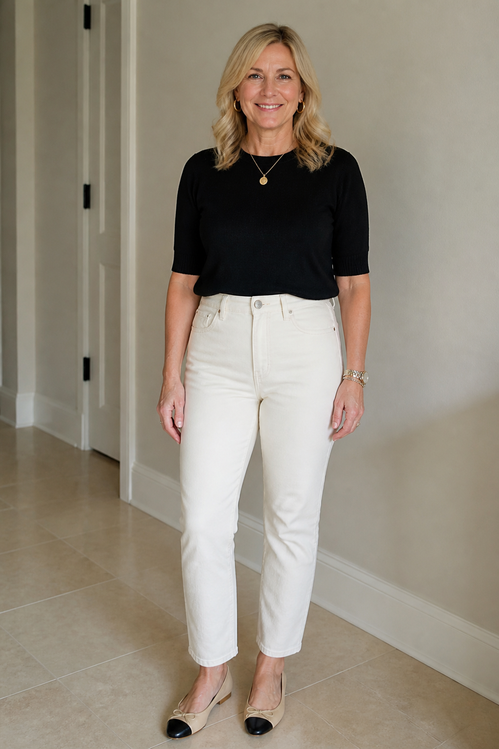 Ecru Jeans and Black Knit
