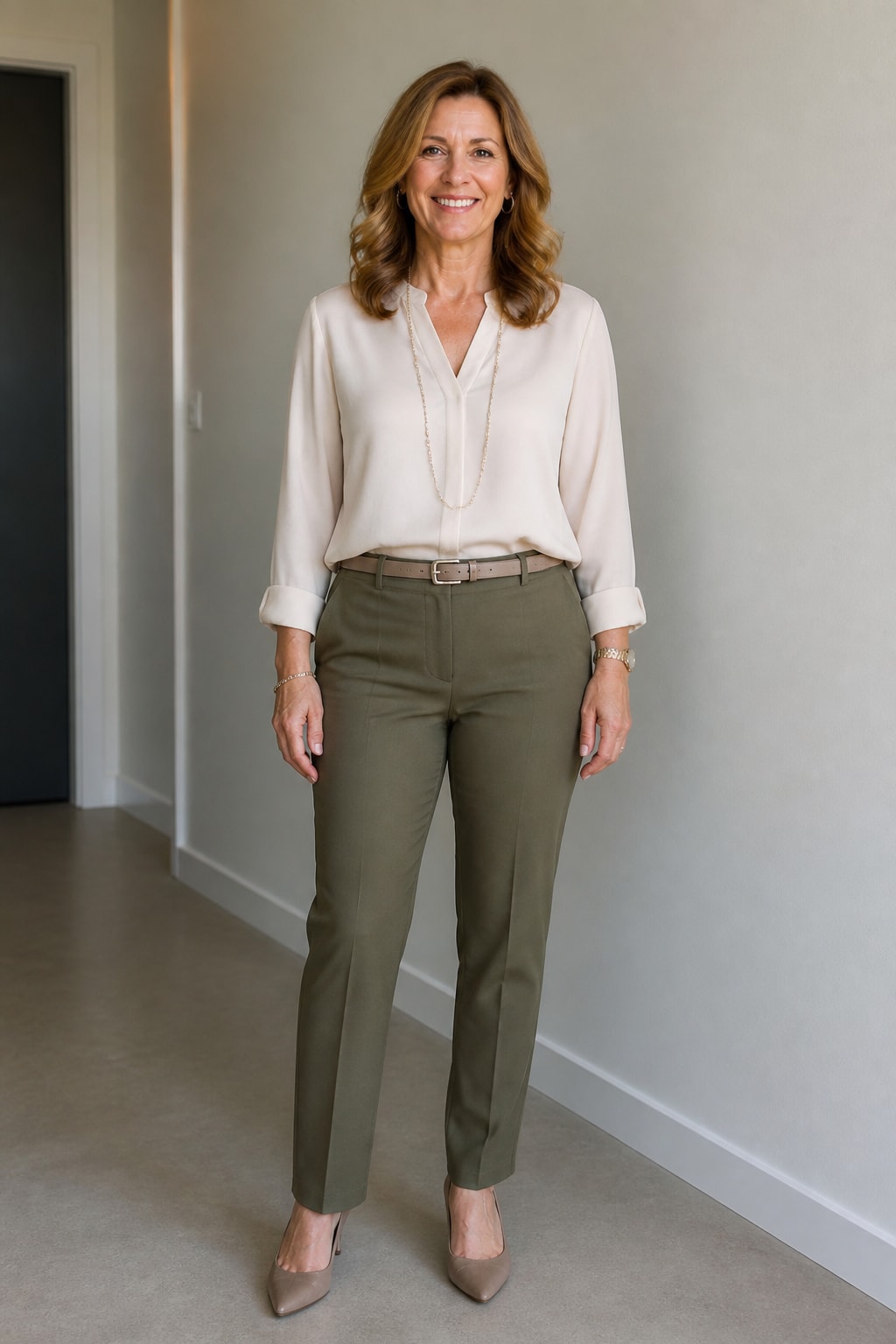 Olive Trousers and Cream Blouse