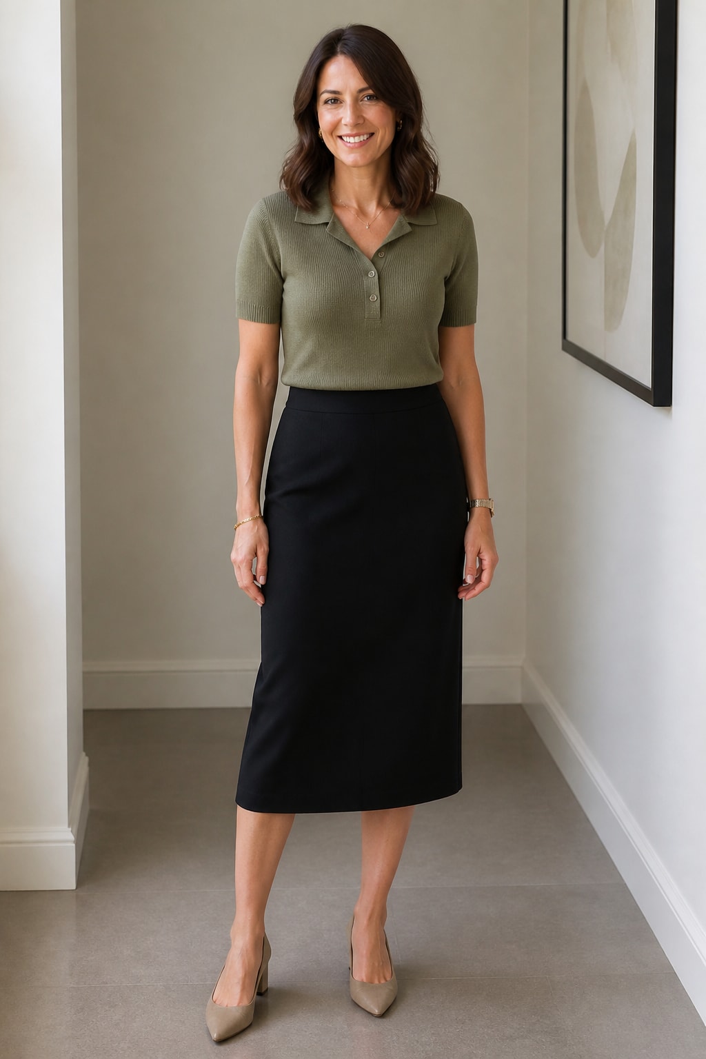 Black Midi Skirt and Knit Polo