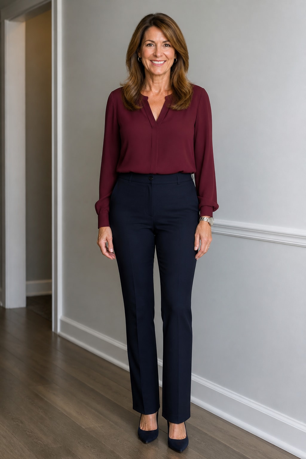 Burgundy Blouse and Navy Trousers