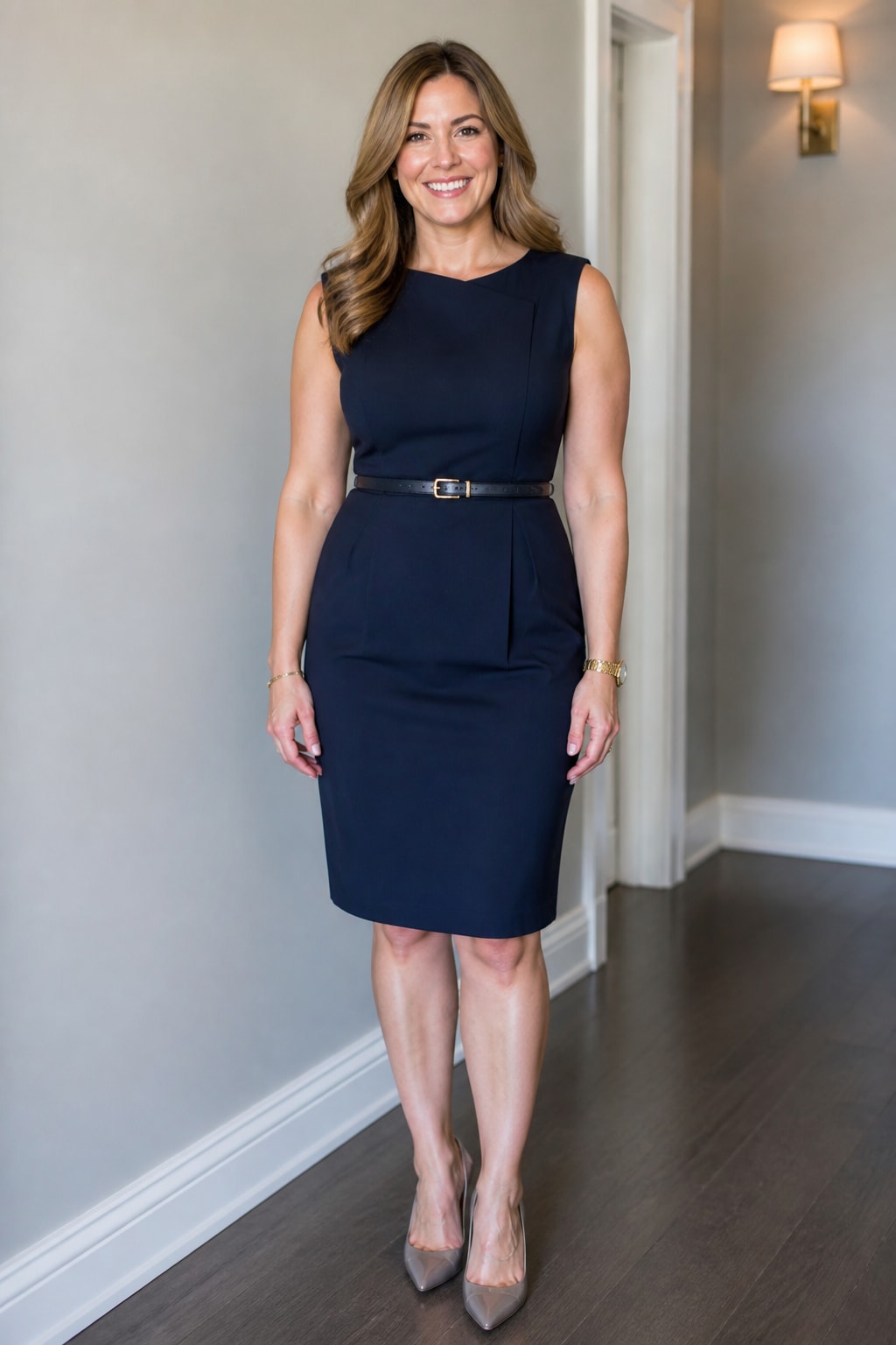 Navy Dress with Belt and Pumps