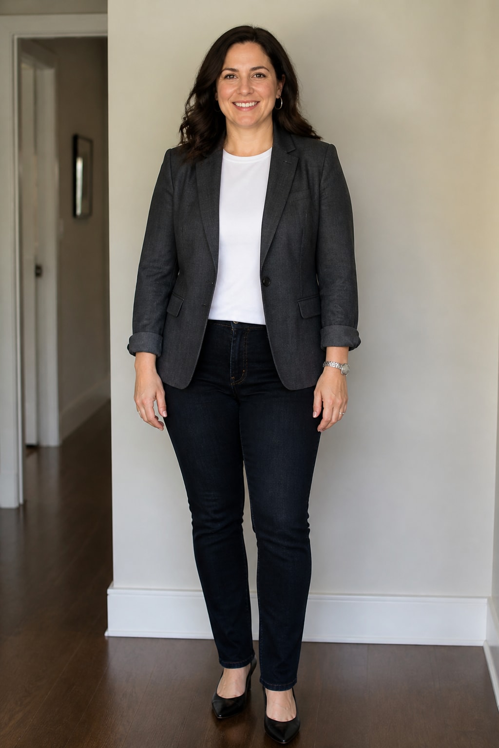 Soft Blazer Over Crewneck and Dark Jeans