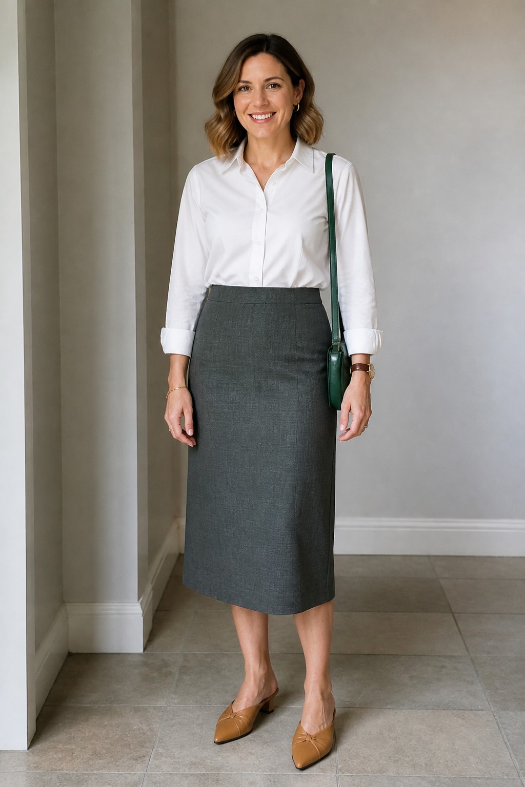 White Oxford and Grey Midi Skirt
