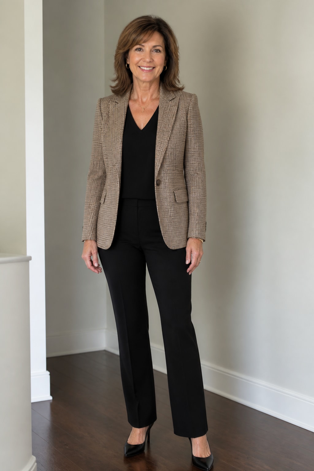 Checked Blazer and Black Trousers