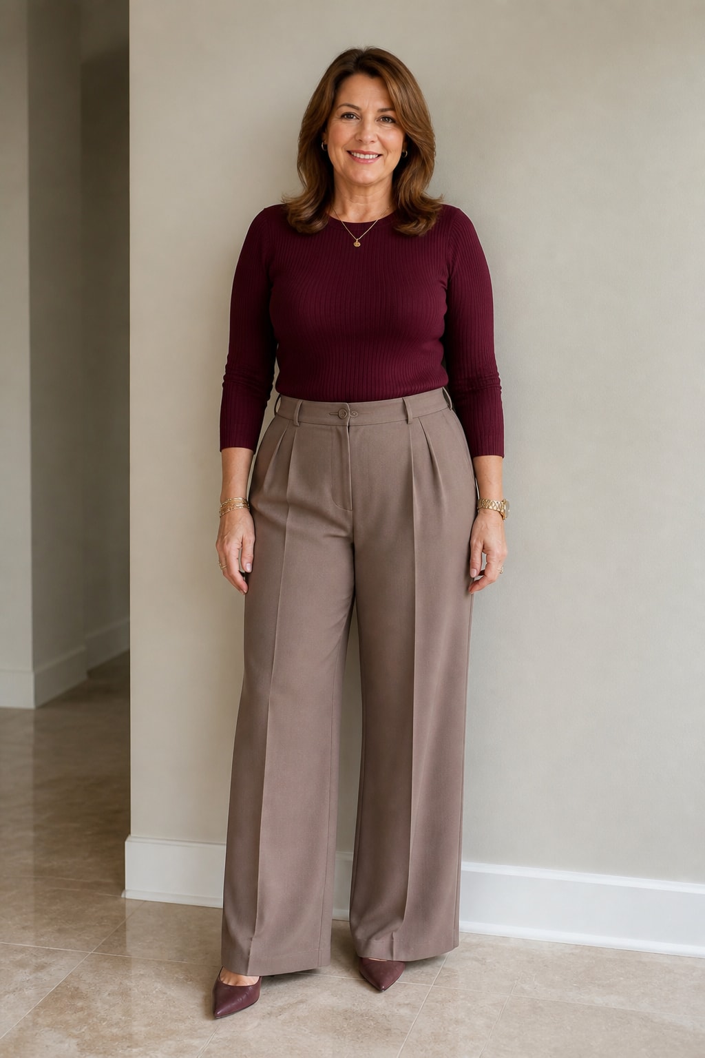 Taupe Wide Leg Pants and Tucked Knit