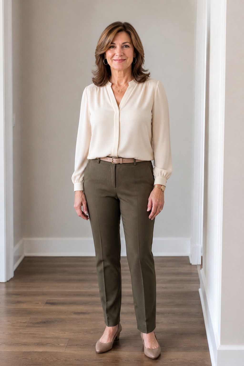 Olive Trousers and Cream Blouse