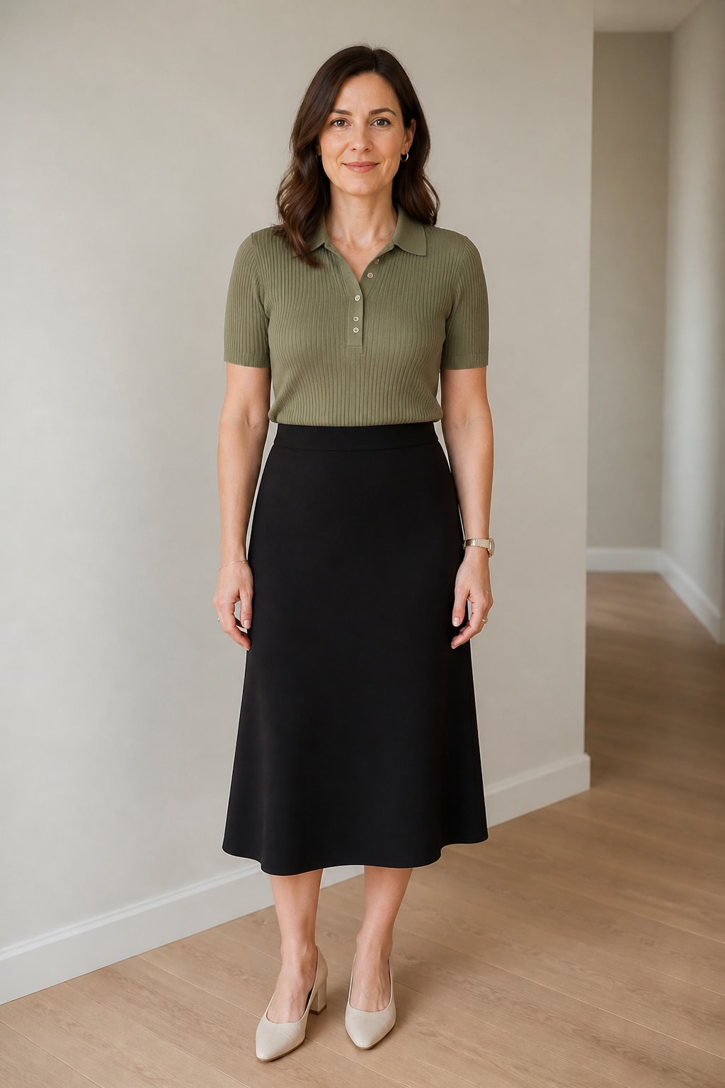 Black Midi Skirt and Knit Polo