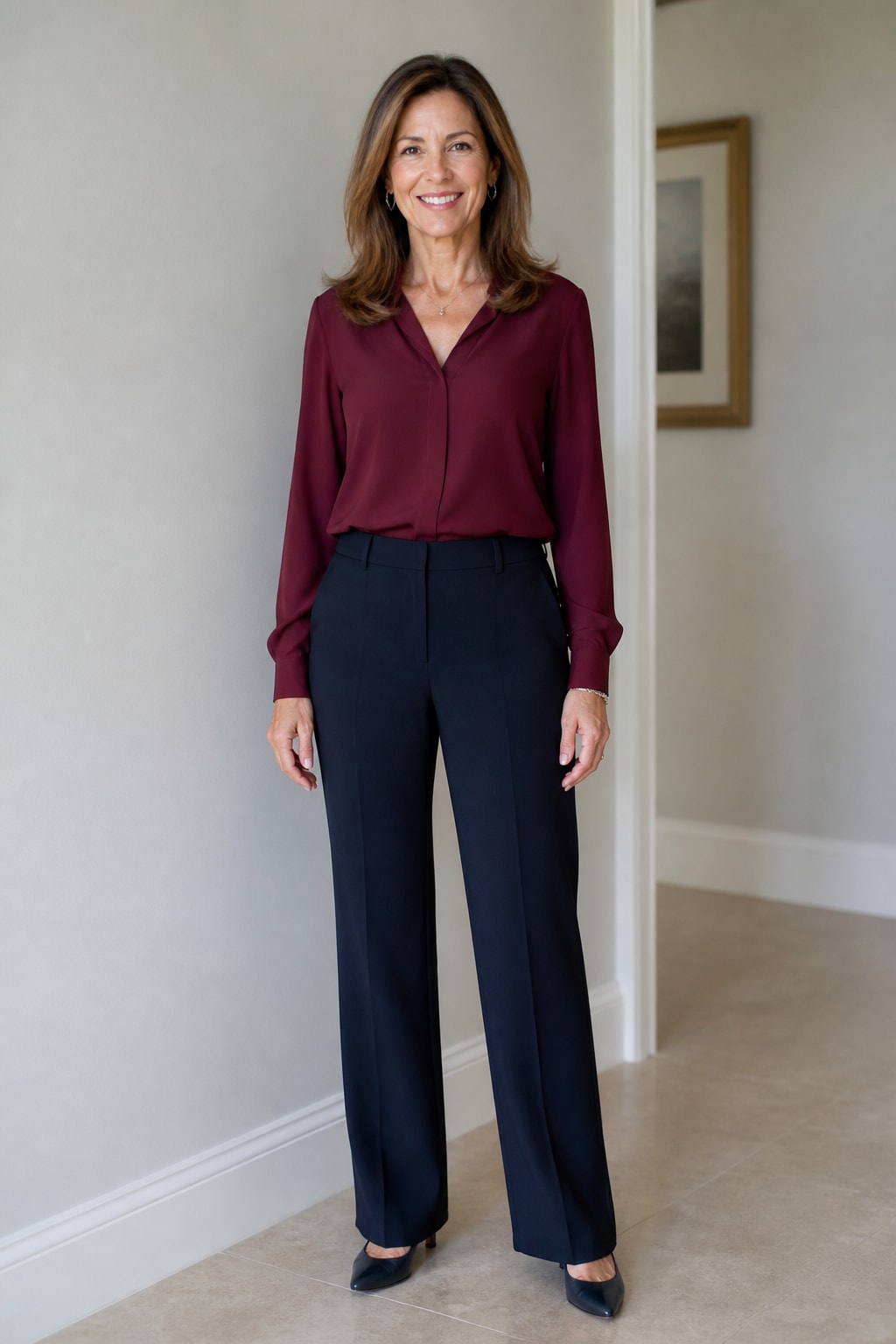 Burgundy Blouse and Navy Trousers