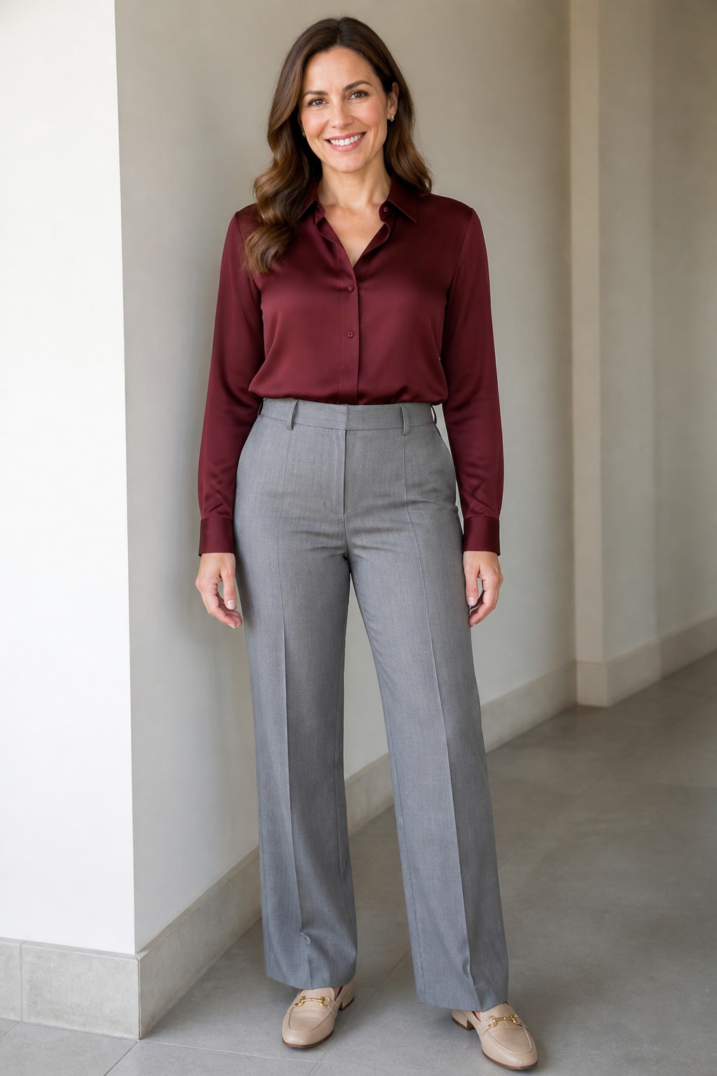 Grey Trousers and Tucked Silk Blouse
