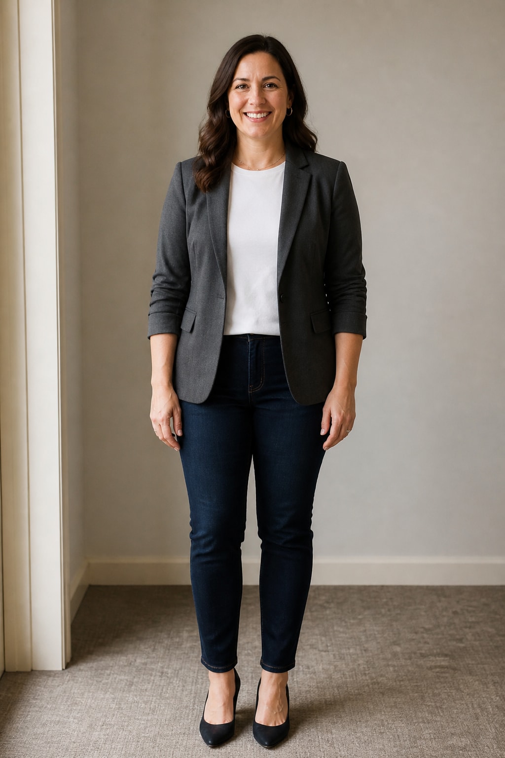 Soft Blazer Over Crewneck and Jeans