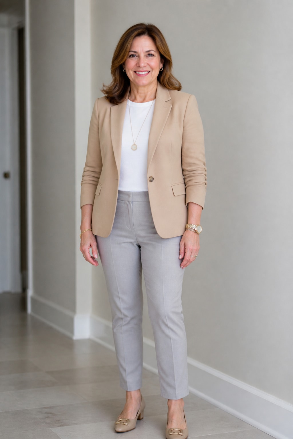 Camel Blazer, White Tee, and Chinos