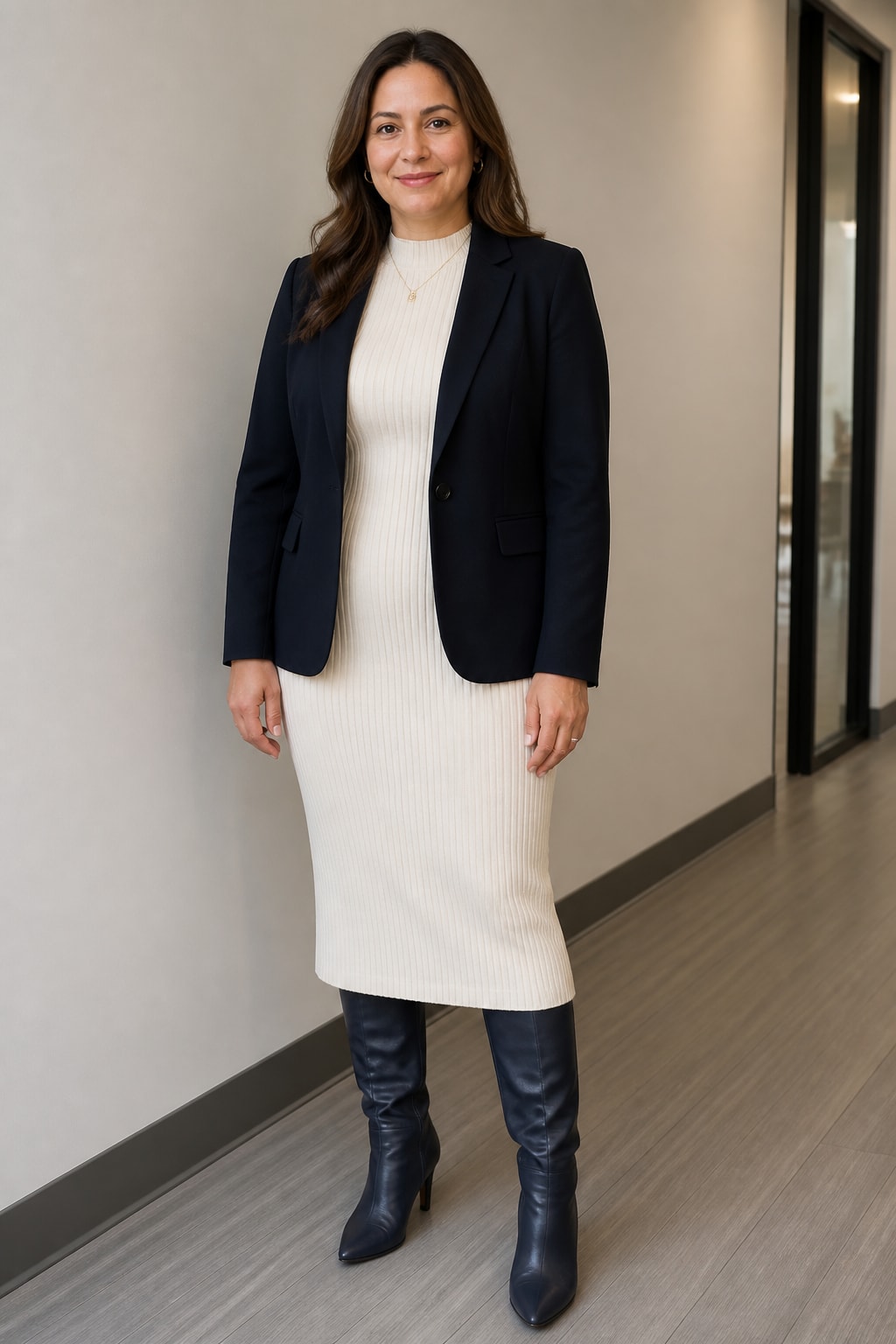 Black Blazer, Knit Dress, and Boots